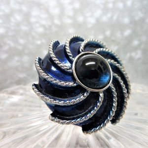 vintage blue cavachon enamel swirl flower brooch